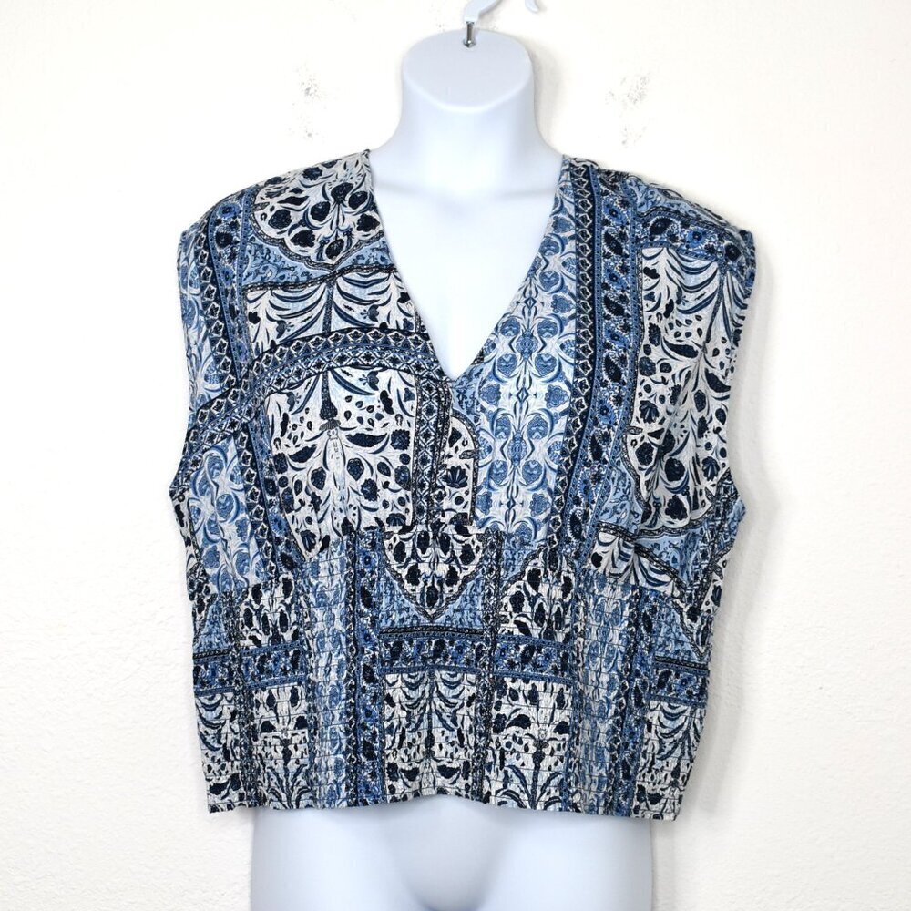 Old Navy Patchwork Floral Top Sz XXL Boxy Crop Smocked Waist Boho Coastal